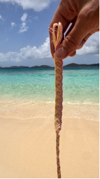 A close-up of a hand holding a thick tan rope against a tropical beach background with turquoise water and a blue sky.
